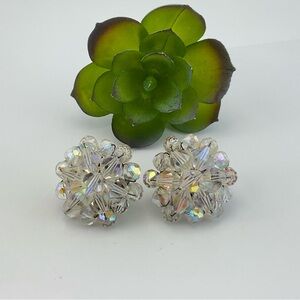 Vtg, Aurora Borealis, Clear Crystal Bead Earrings, Ear Posts, Mid Century Modern